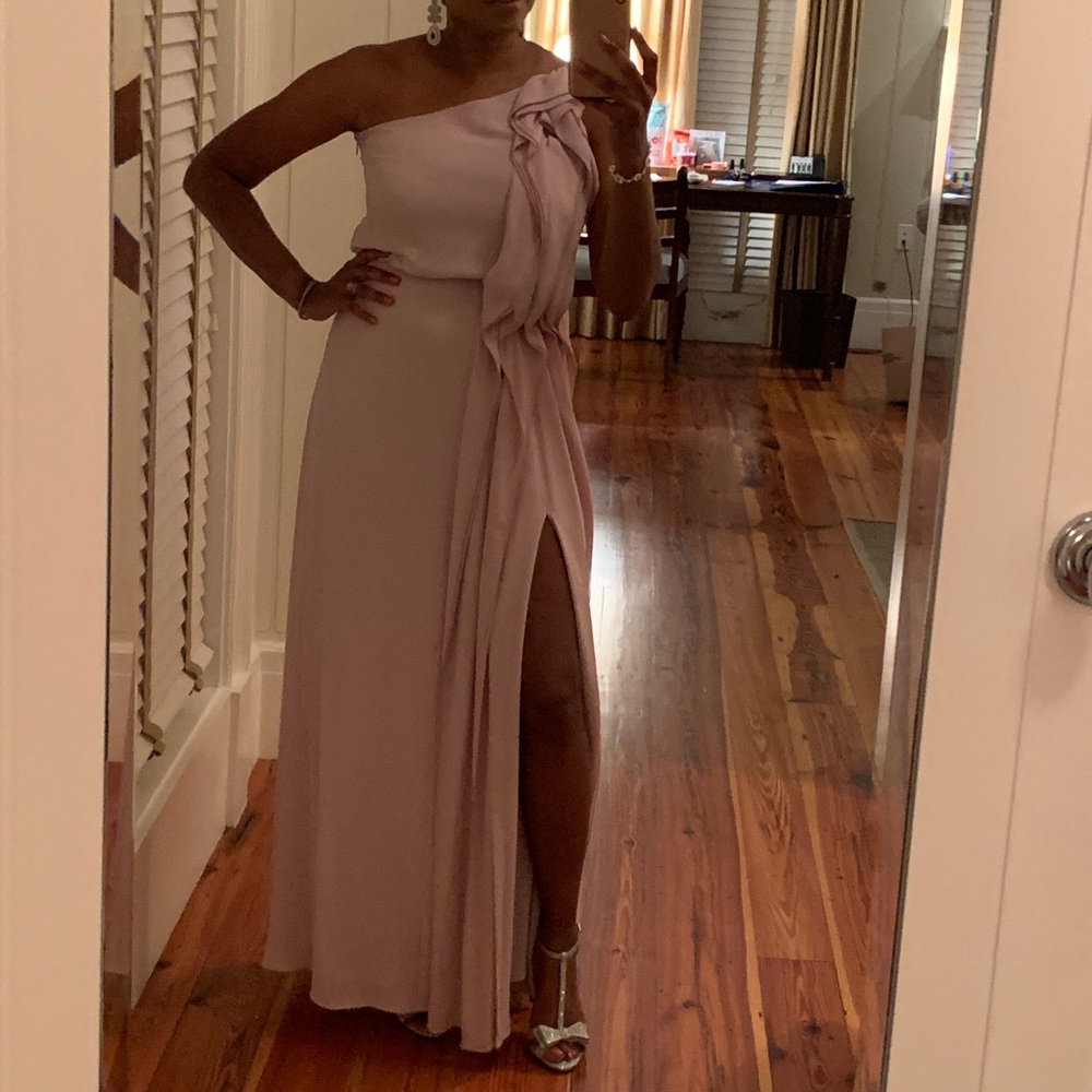 BCBG pink evening gown with ruffles and split